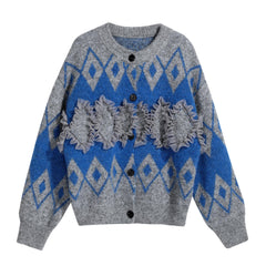 Cozy Academia Blue Argyle Ruffle Cardigan, Soft Knit Statement Jumper