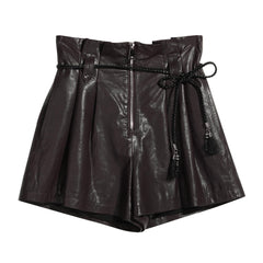 Street Style Paperbag Waist Shorts, Faux Leather Belted Hot Pants