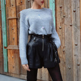 Street Style Paperbag Waist Shorts, Faux Leather Belted Hot Pants