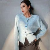 Pastel Blue Cardigan with Seashell Buttons & Pearl Trim