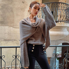 Fall Winter Grey Shawl Sweater with Tie Neck, One Size