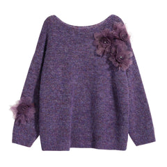 Boatneck Knit Sweater, 3D Rosette Floral Applique, Plum or Mustard