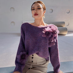 Boatneck Knit Sweater, 3D Rosette Floral Applique, Plum or Mustard