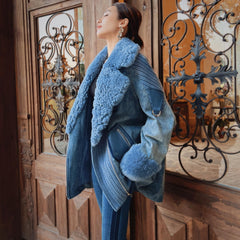 Cozy Winter Festival Denim Coat, Warm Blue Sherpa Jacket for Cold City Nights