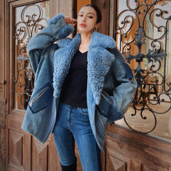 Cozy Winter Festival Denim Coat, Warm Blue Sherpa Jacket for Cold City Nights