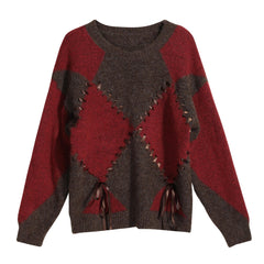 Warm Brown Red Argyle Ribbon Sweater, Lace Up Knit Pullover for Women
