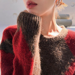 Warm Brown Red Argyle Ribbon Sweater, Lace Up Knit Pullover for Women