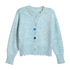 Pastel Blue Cardigan with Seashell Buttons & Pearl Trim