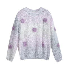 Womens Pastel Fuzzy Sweater, Lilac Ombre 3D Flower Jumper One Size