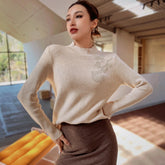 Cream Mock Neck Ribbed Sweater, Floral Detail Winter Layer