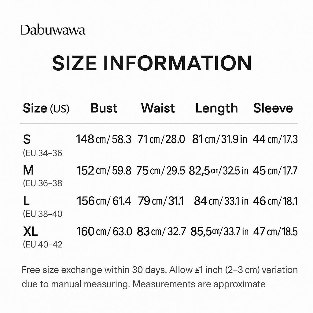 size information for various clothing items, including bust, waist, length, and sleeve sizes. The sizes are provided in centimeters and inches, and there is a free size exchange within 30 days. The image also mentions a manual measuring process for accurate measurements.