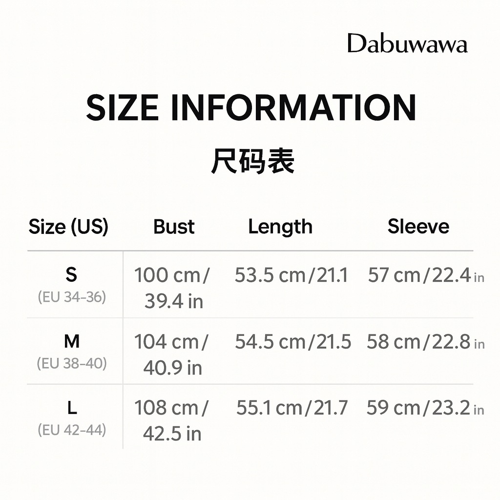a table with size information in both US and European sizes, along with corresponding bust, length, sleeve, and waist measurements.