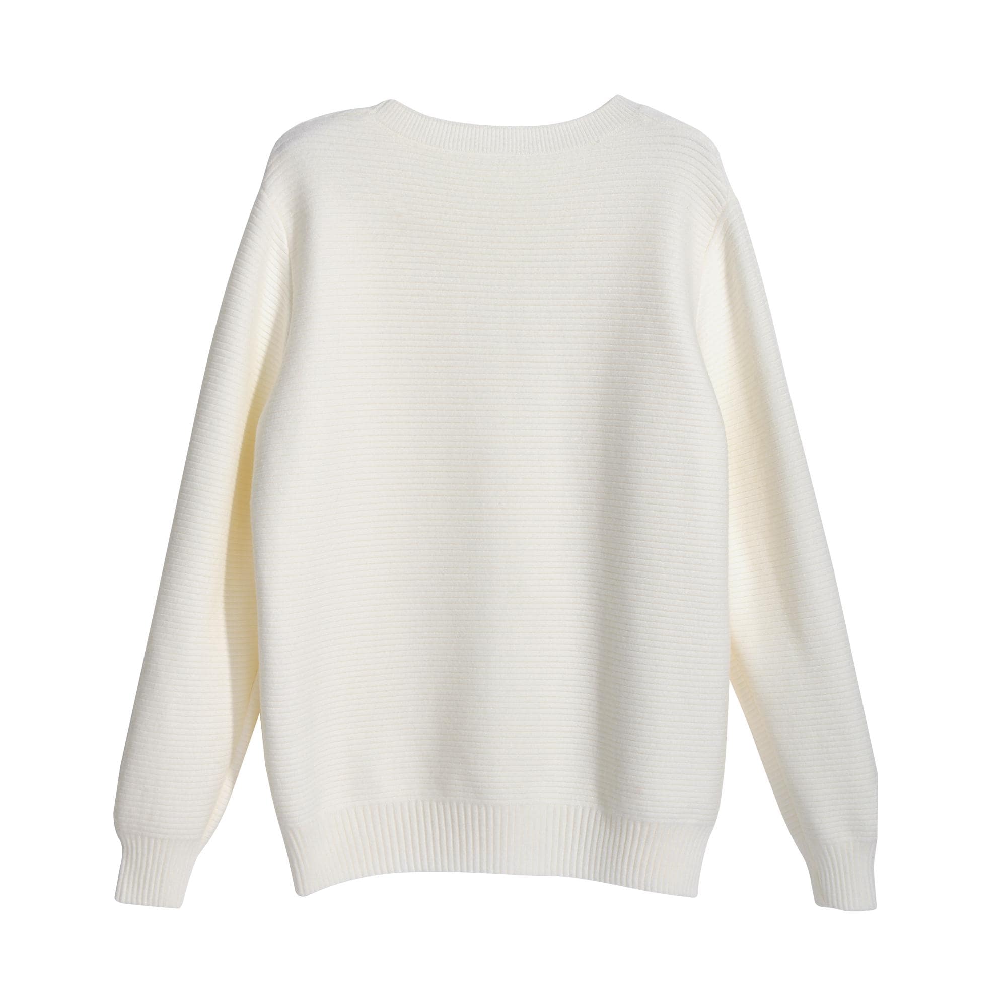 A plain white knitted sweater with long sleeves.