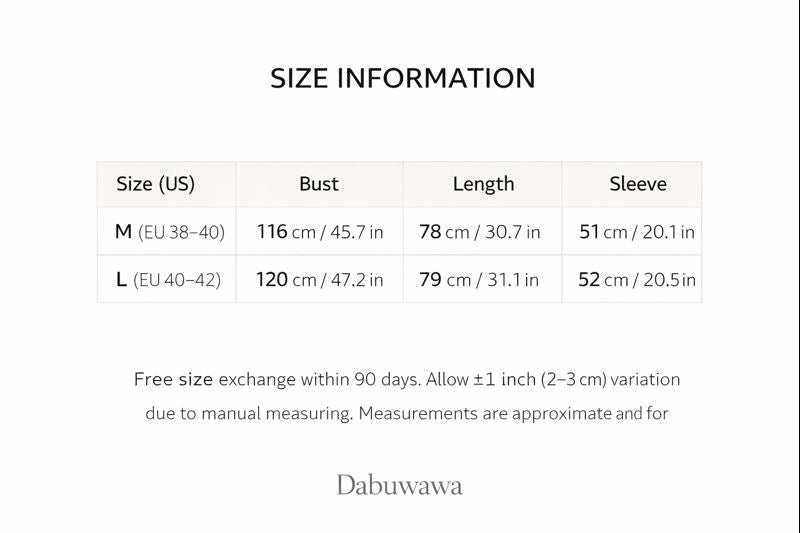 a table with size information for various clothing items, including bust, length, and sleeve sizes. The table provides the corresponding measurements in centimeters for each item.