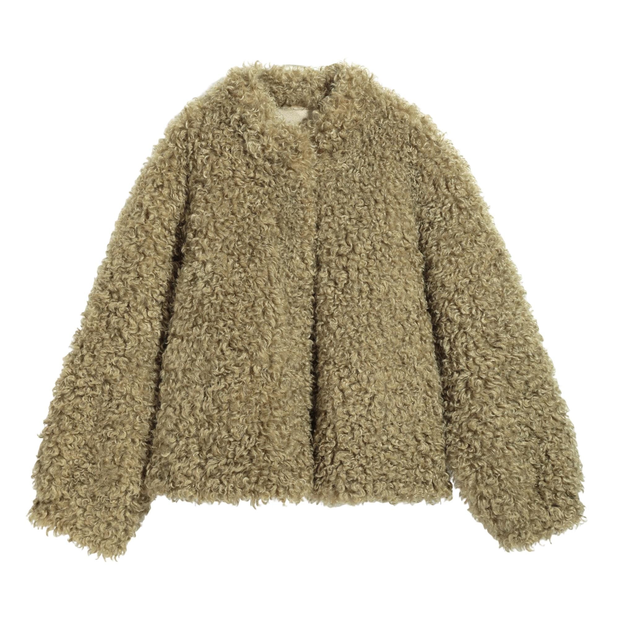 A long, furry, brown jacket with a collar and buttons.
