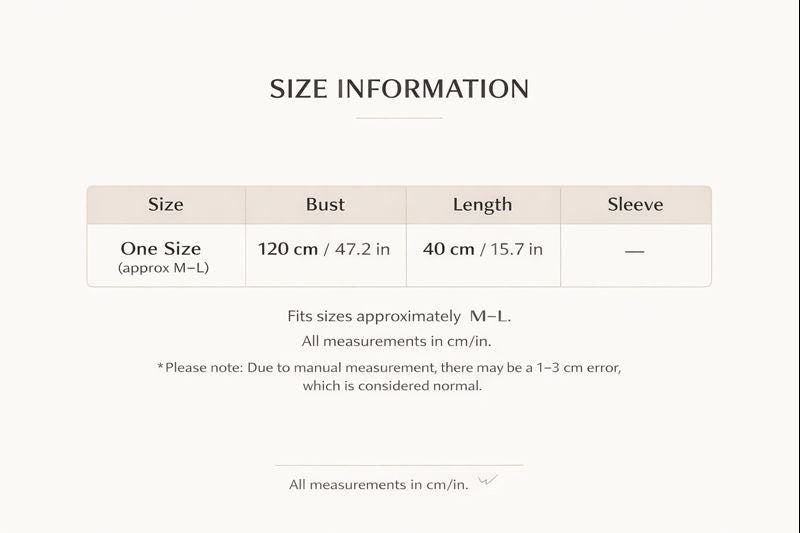 a table with size information, including bust, length, and sleeve measurements, along with a note about the approximate size of a M-L.