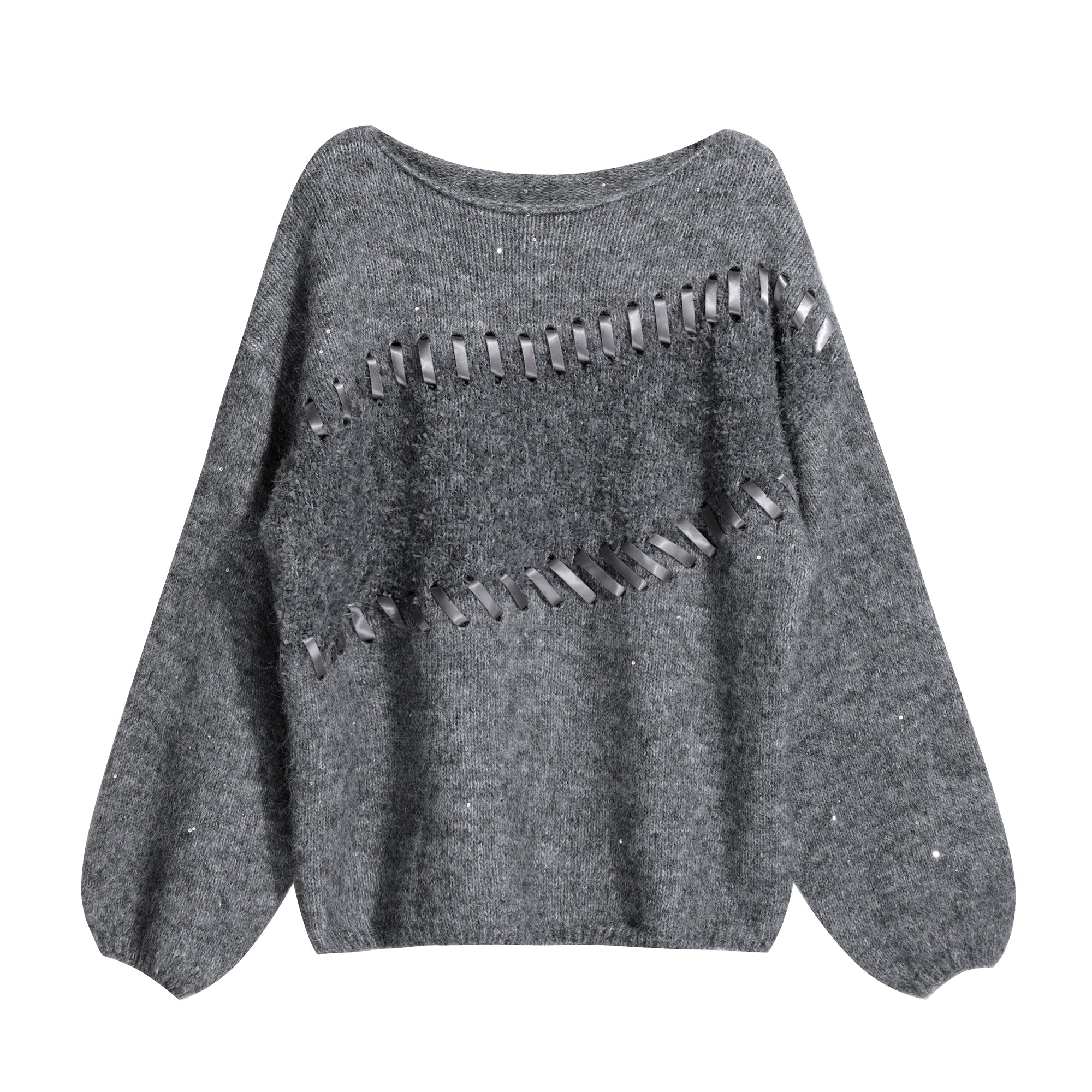 A gray knitted sweater with a unique cutout design on the front.