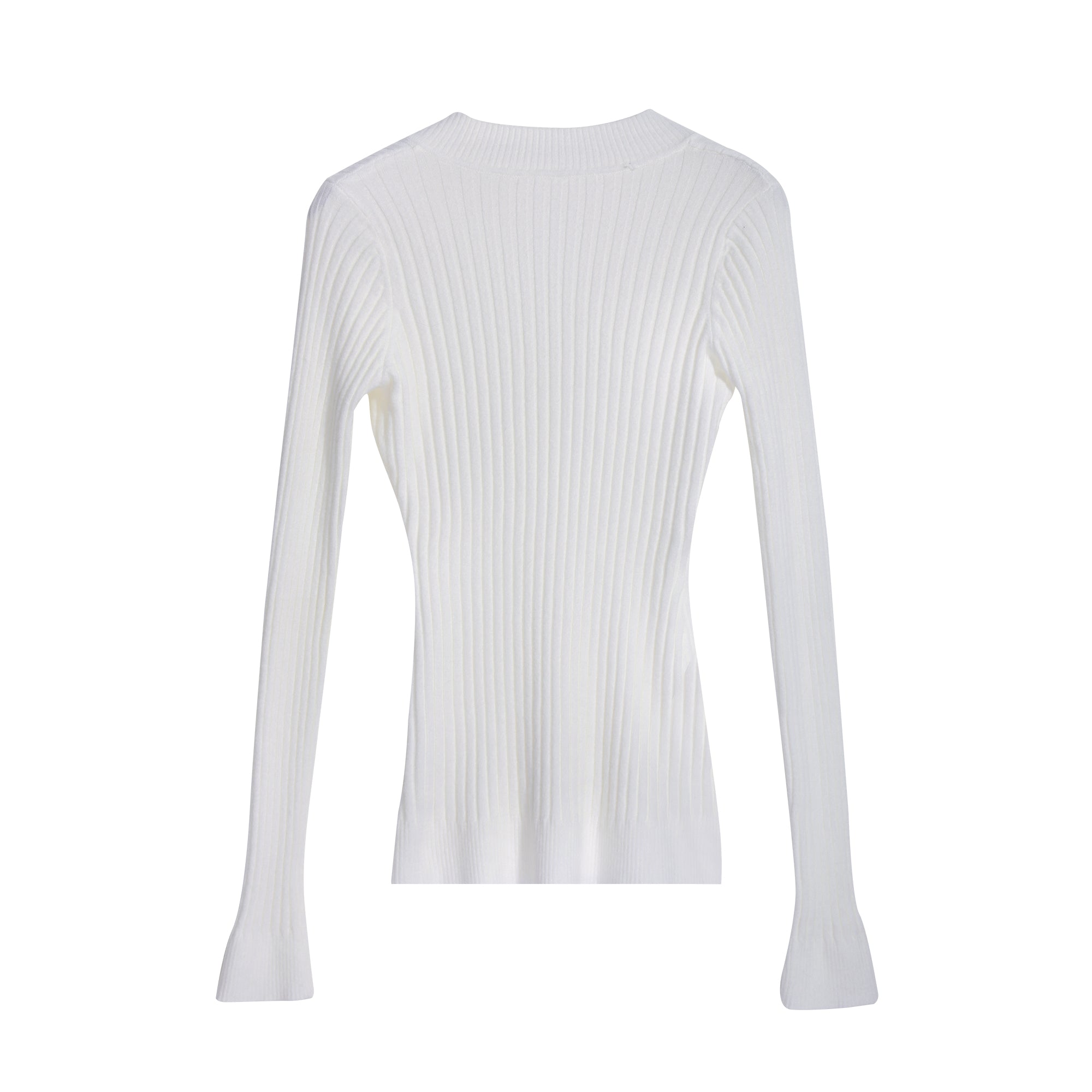 A white long-sleeved sweater with a ribbed texture.