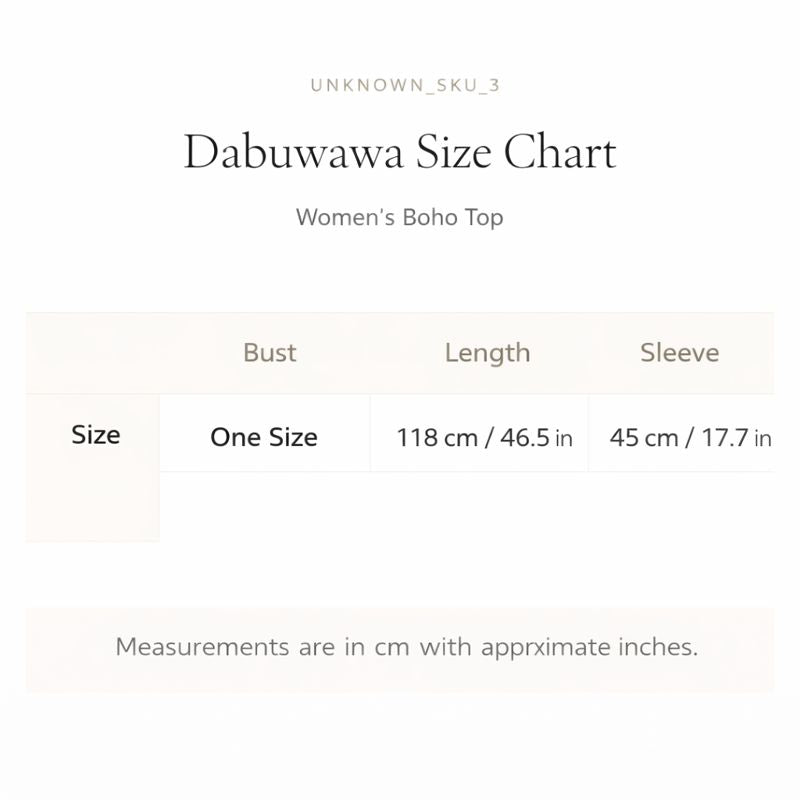 The image is a size chart for a women's boho top, providing measurements in centimeters and inches.