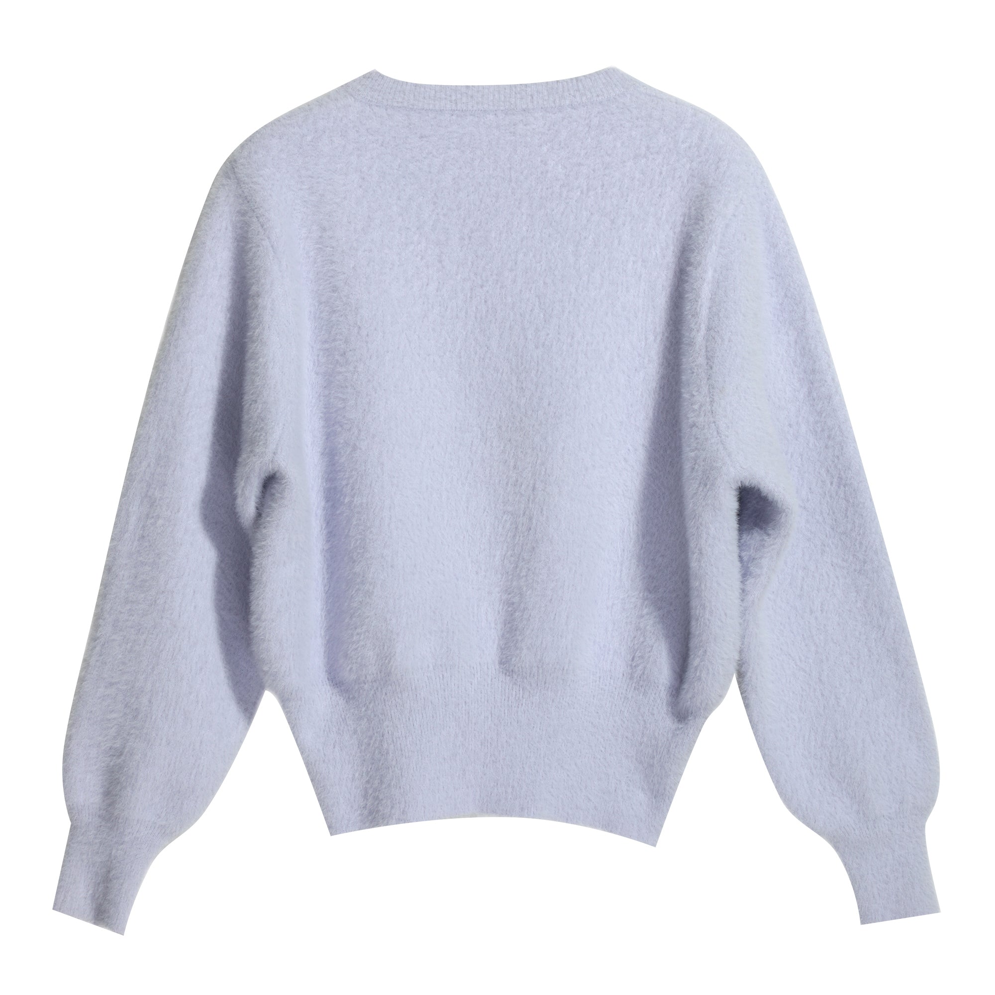 A light blue, oversized knitted sweater with long sleeves and a round neckline.