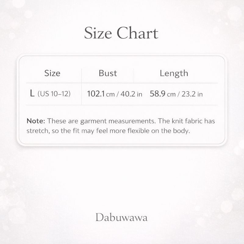 The image is a size chart that provides measurements for a garment, specifically a bust and length. The chart includes the text "Size Chart" at the top and "Note: These are garment measurements. The knit fabric has stretch, so the fit may feel more flexible on the body." The image is labeled "Dabuwawa" at the bottom.