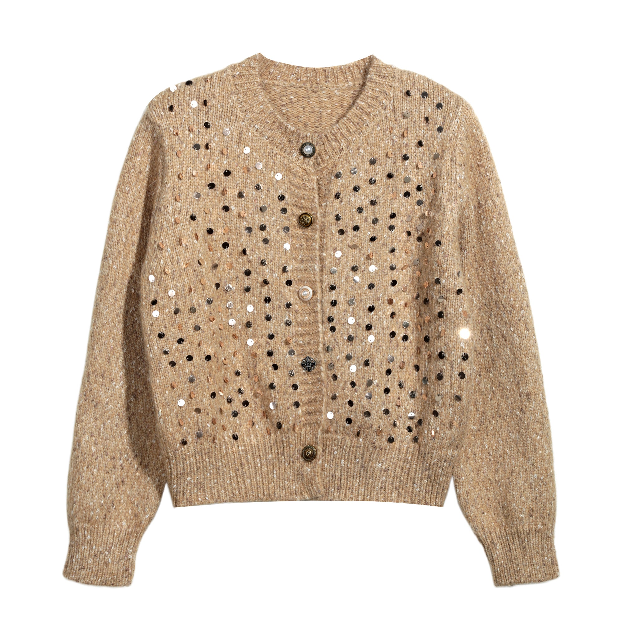 A beige cardigan with a pattern of small black dots or sequins on the front.