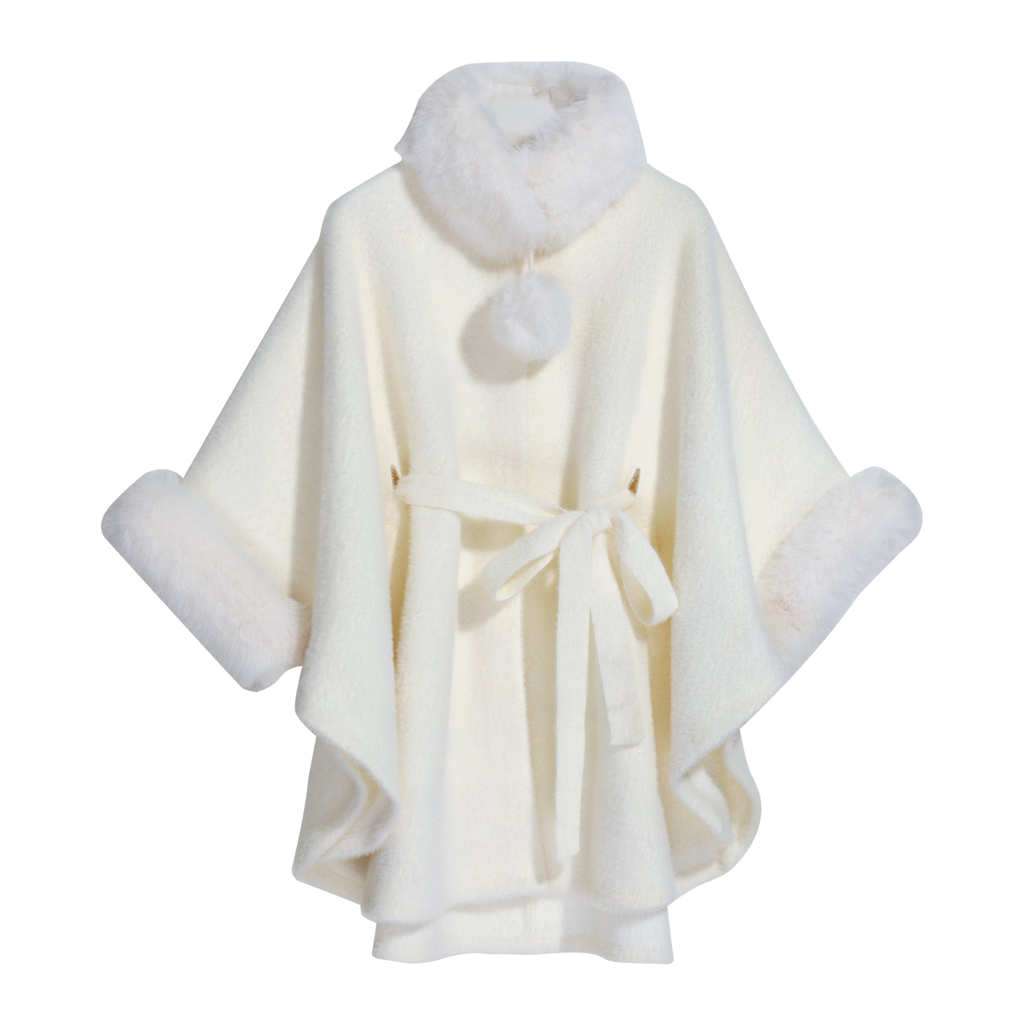 A white poncho with a fur collar and pom pom is displayed against a white background.