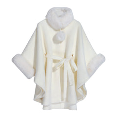 A white poncho with a fur collar and pom pom is displayed against a white background.