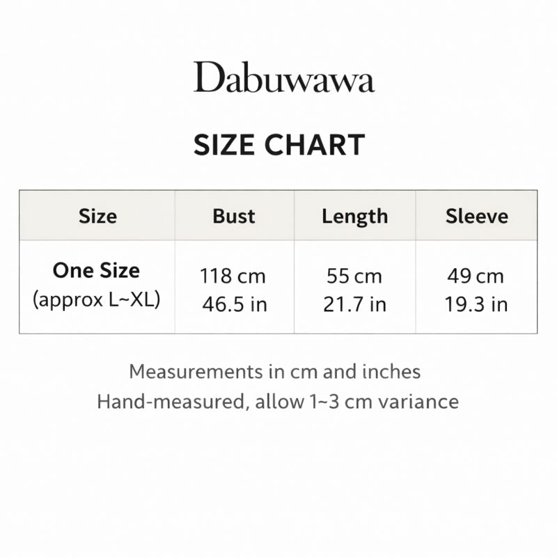 The image is a size chart for a garment, providing measurements in cm and inches for different sizes.
