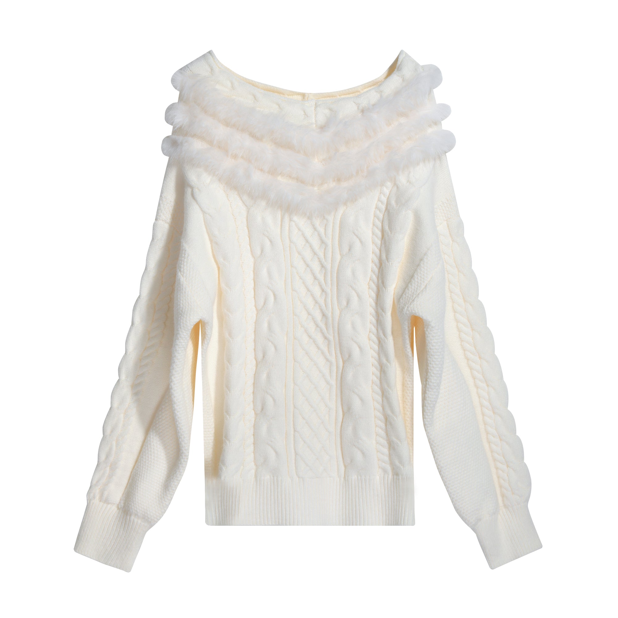 A white knitted sweater with a high collar and pom-pom trim.