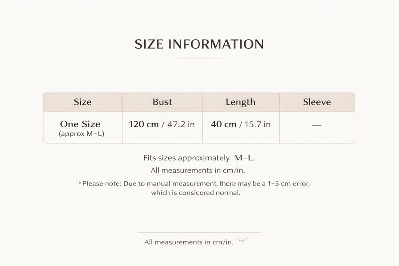 a table with size information, including bust, length, and sleeve measurements, along with a note about the approximate size of a M-L.