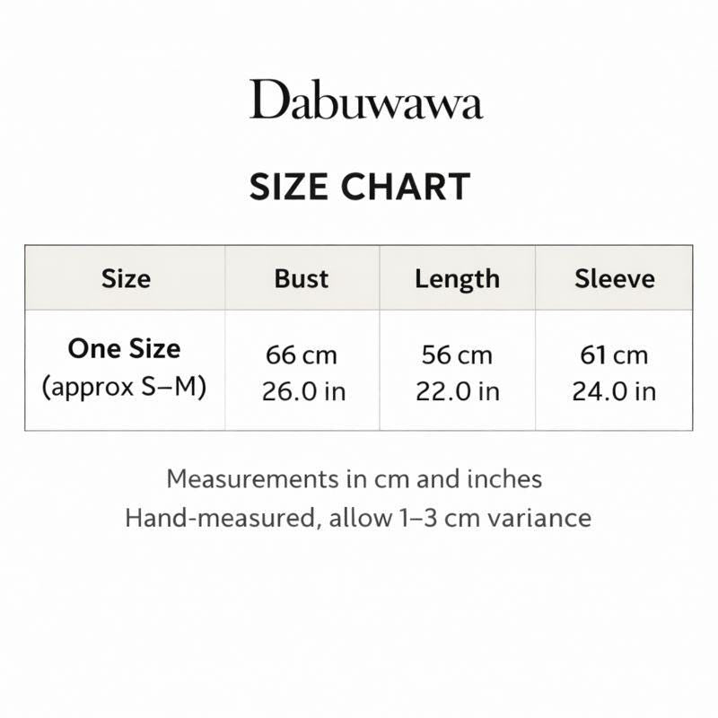 The image is a size chart for a garment, providing measurements in cm and inches for different sizes.