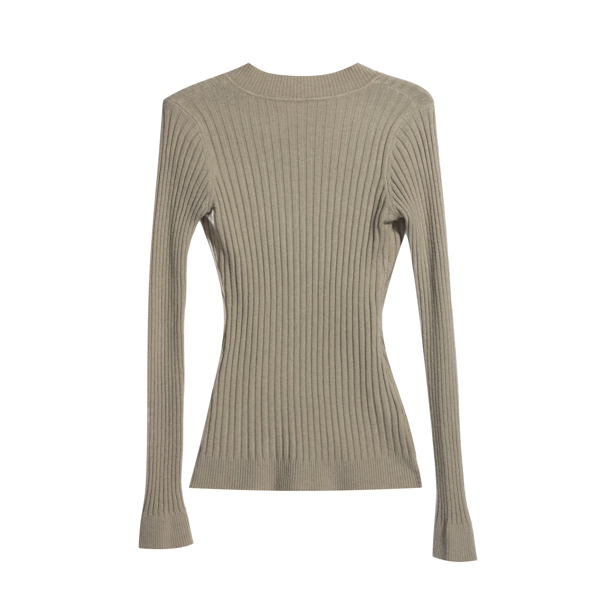 A beige ribbed sweater with long sleeves, displayed against a white background.