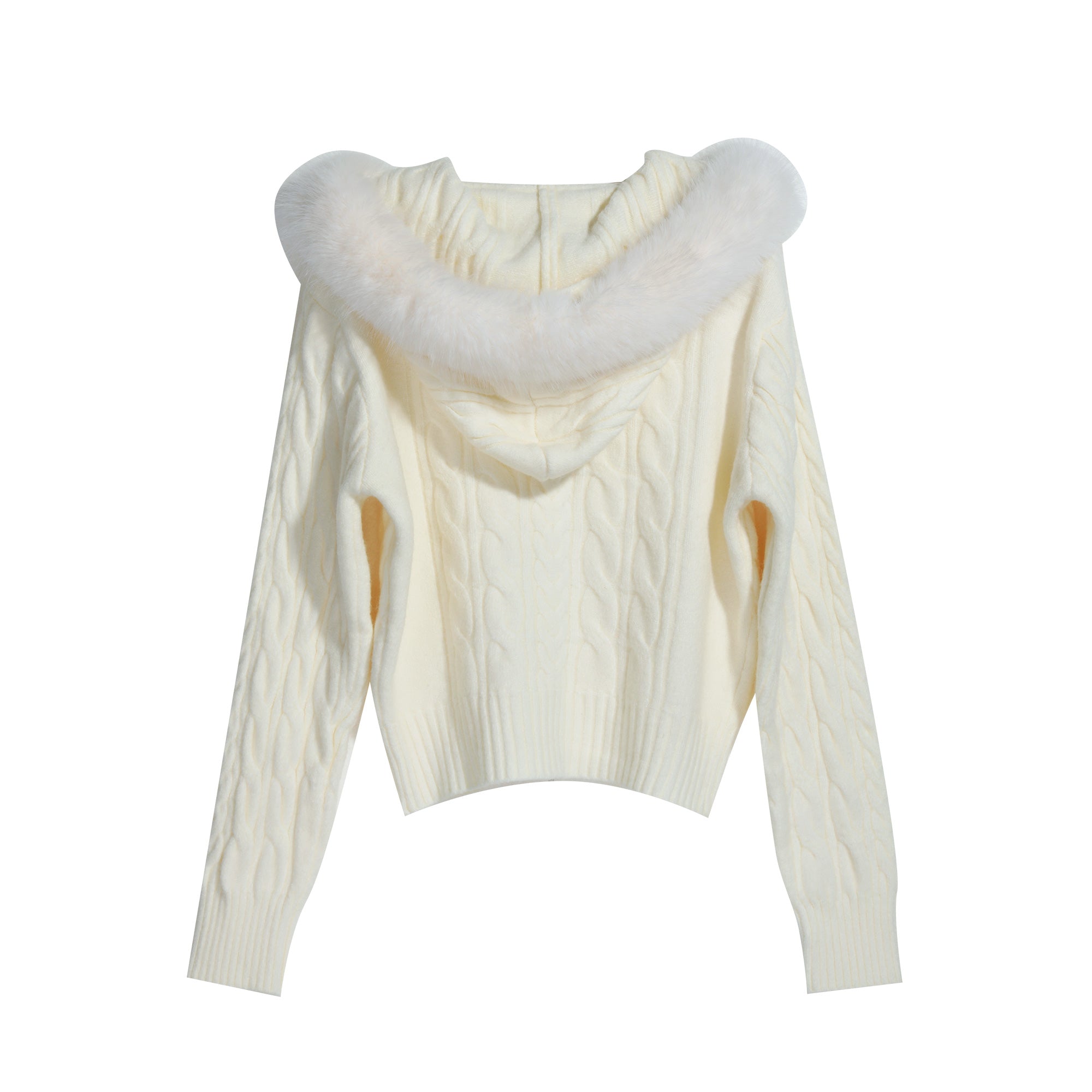 A cream-colored knitted sweater with a fur collar is displayed against a white background.