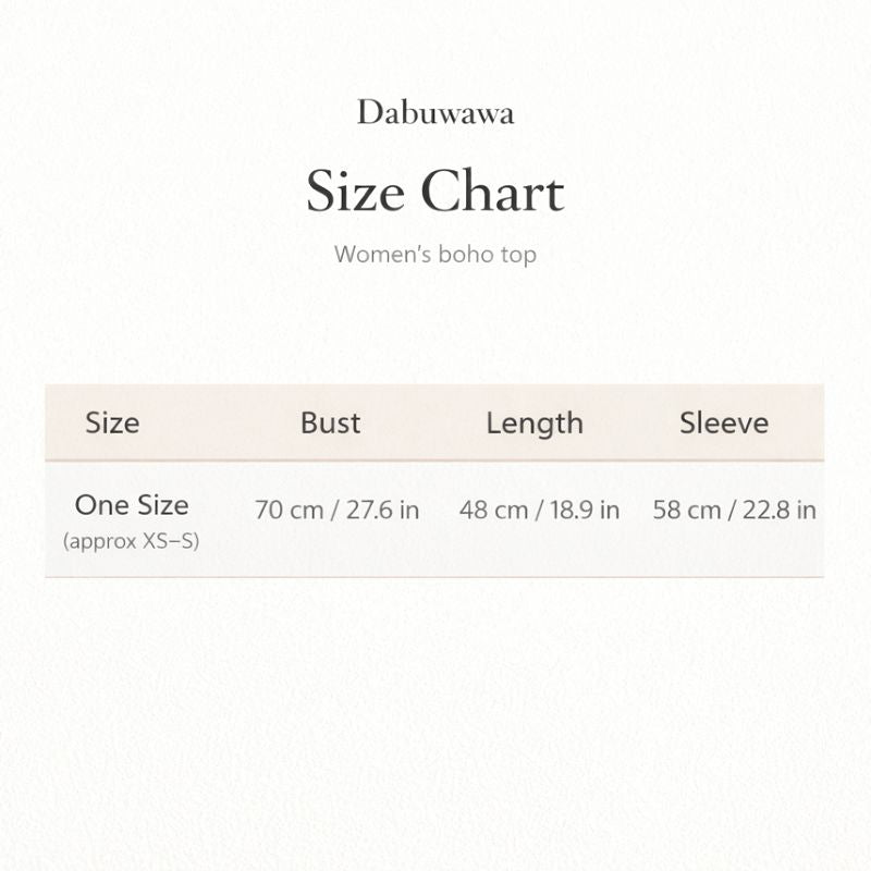 The image is a size chart for a women's bohem top, providing measurements for bust, length, and sleeve size.