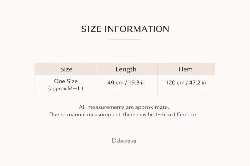 a table with size information, including measurements for one size, hem, and length. The table provides approximate measurements for one size, approximately 120 cm / 47.2 in, and hem, approximately 49 cm / 19.3 in. The text indicates that all measurements are approximate and due to manual measurement, there may be a 1-3 cm difference. The image is a collage of multiple images, and the text does not include any redundancy or vague descriptions.