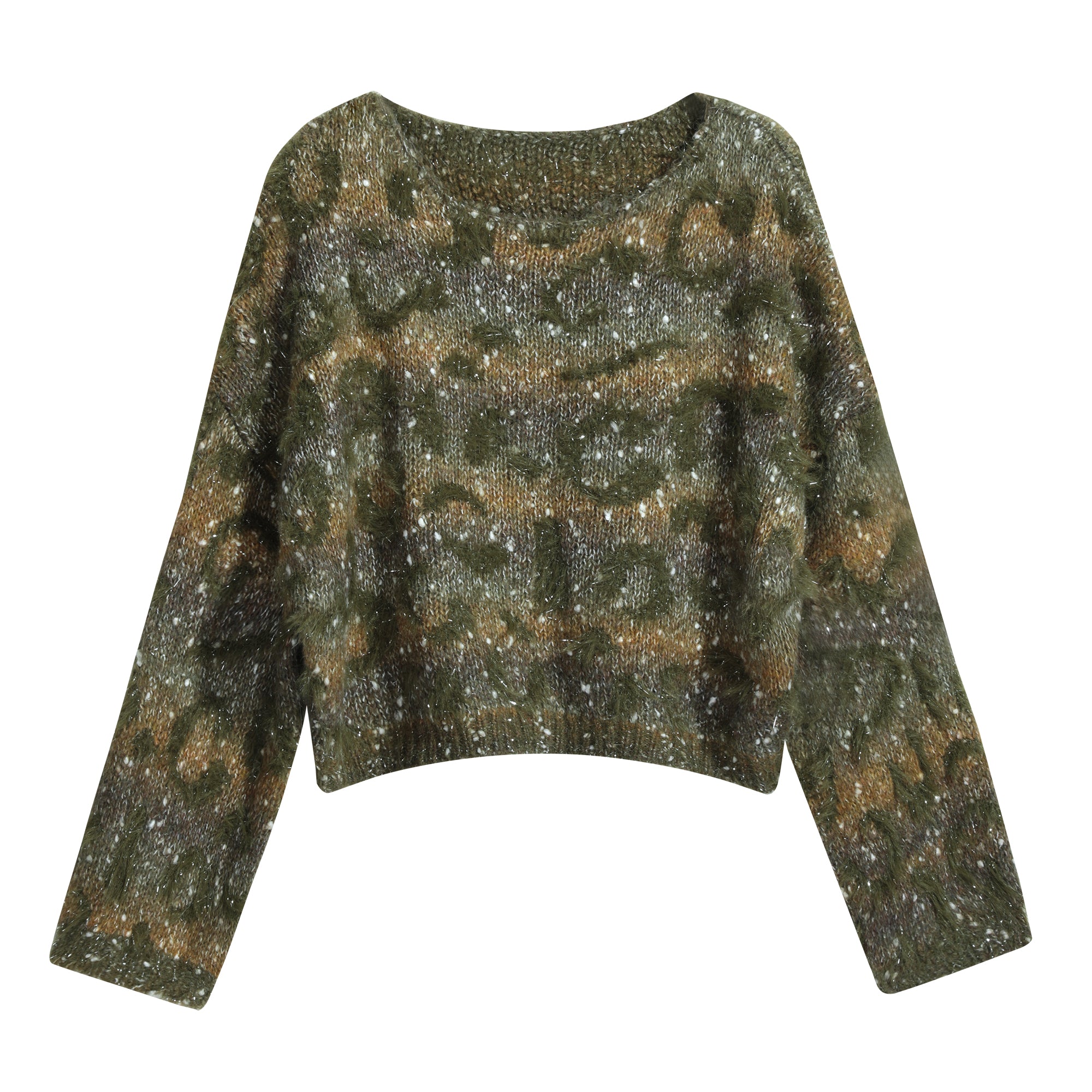 A camouflage-patterned sweater with a textured, multicolored design.