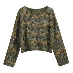 A camouflage-patterned sweater with a textured, multicolored design.