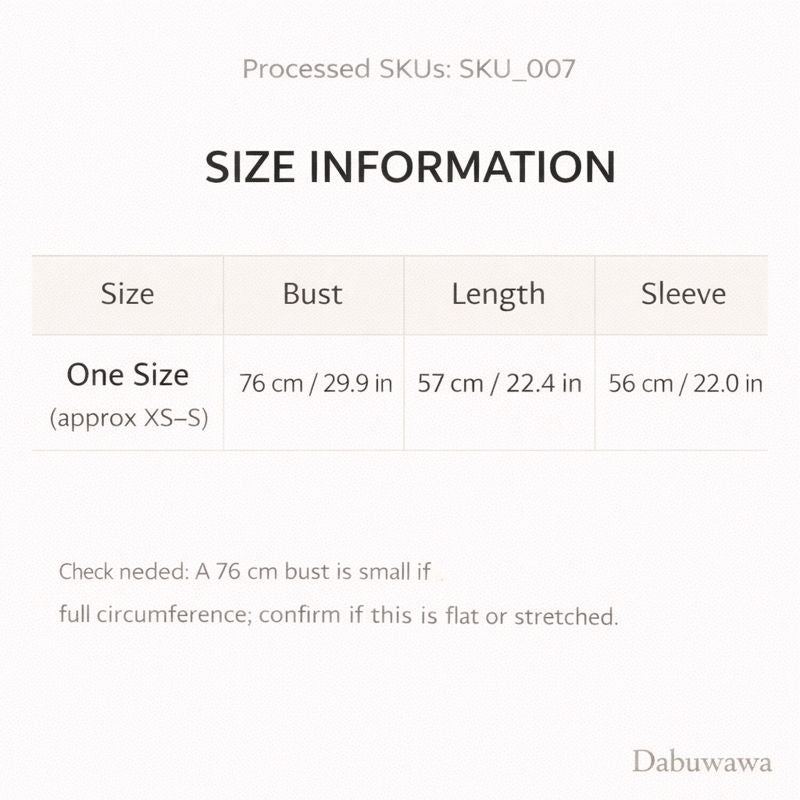 a size information table for a single size, with dimensions and corresponding bust, length, and sleeve measurements.