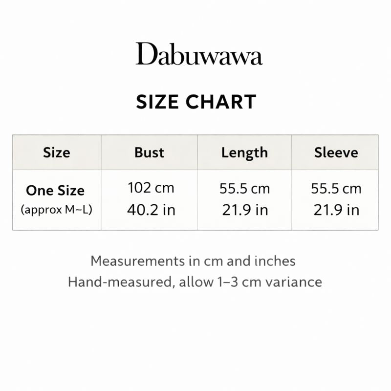The image is a size chart for a garment, specifically a dress or blouse, with measurements in cm and inches.