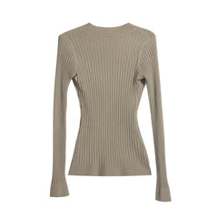 A beige ribbed sweater with long sleeves, displayed against a white background.