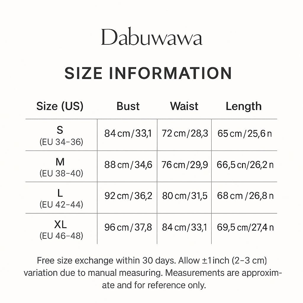 a size information table for various sizes, including S, M, L, XL, and XXL, along with their corresponding bust, waist, and length measurements in centimeters. The table provides a free size exchange within 30 days, allowing for a 1-inch (2-3 cm) variation based on manual measurements. The measurements are approximate and for reference only.