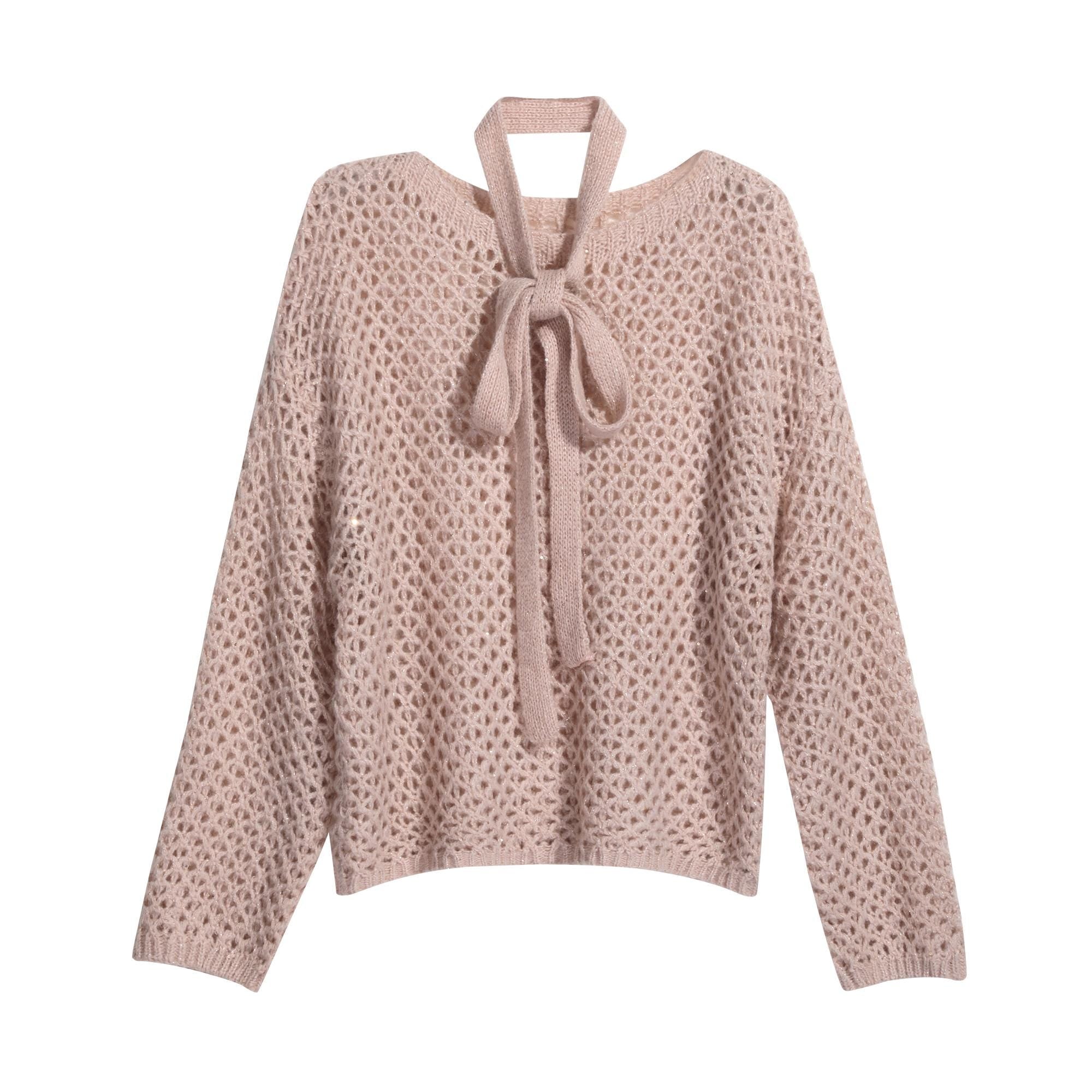 A light pink knitted sweater with a bow detail at the neckline.