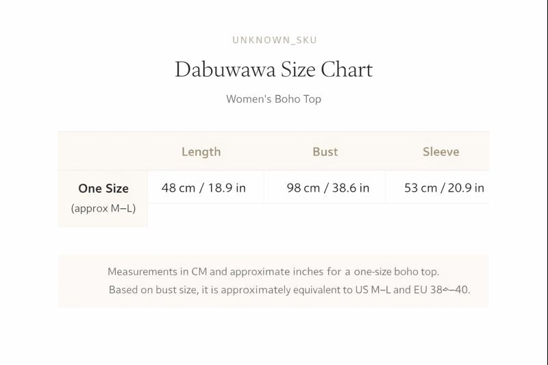 The image is a size chart for a women's bohem top, providing measurements for bust, length, and sleeve sizes.