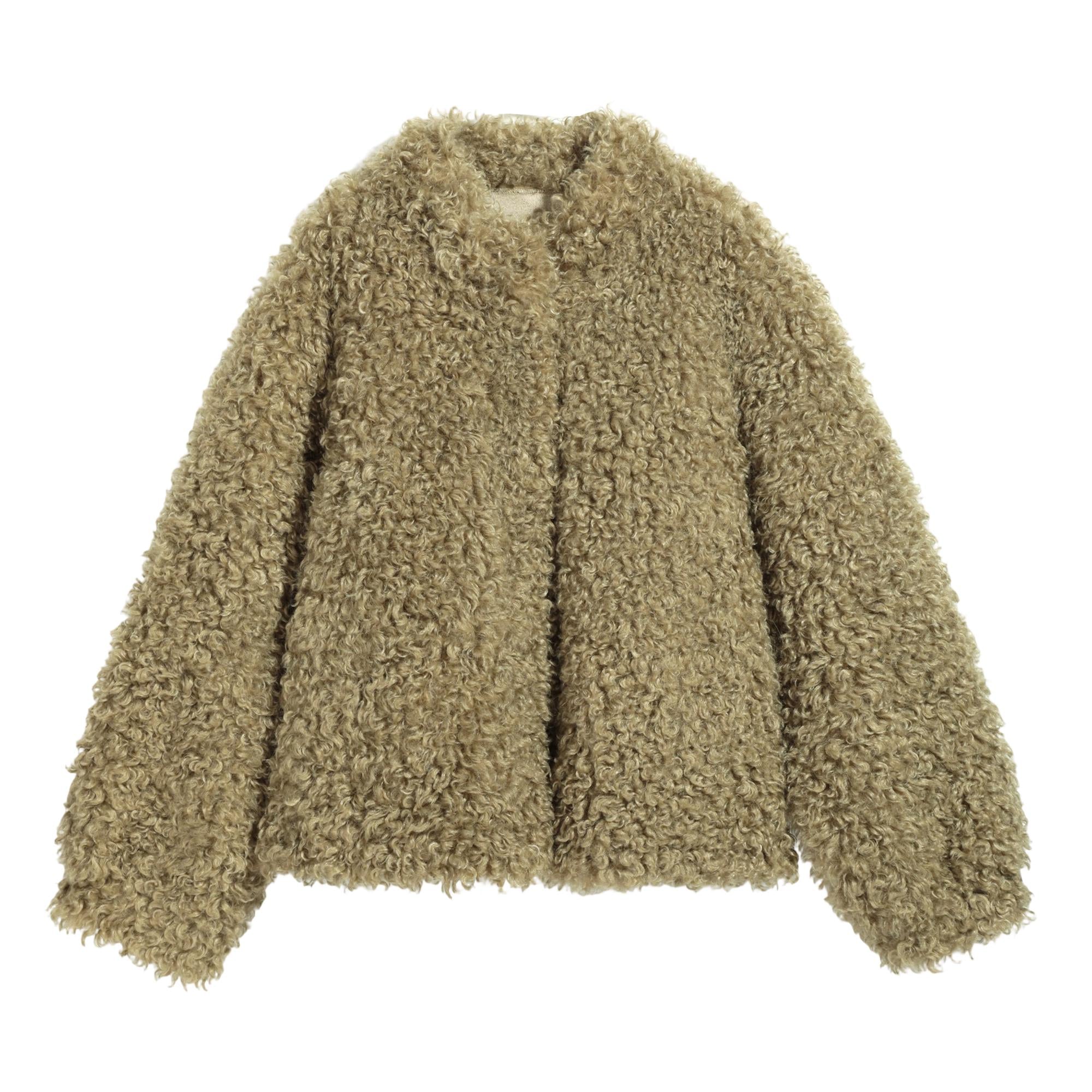 A long, furry, brown jacket with a collar and buttons.