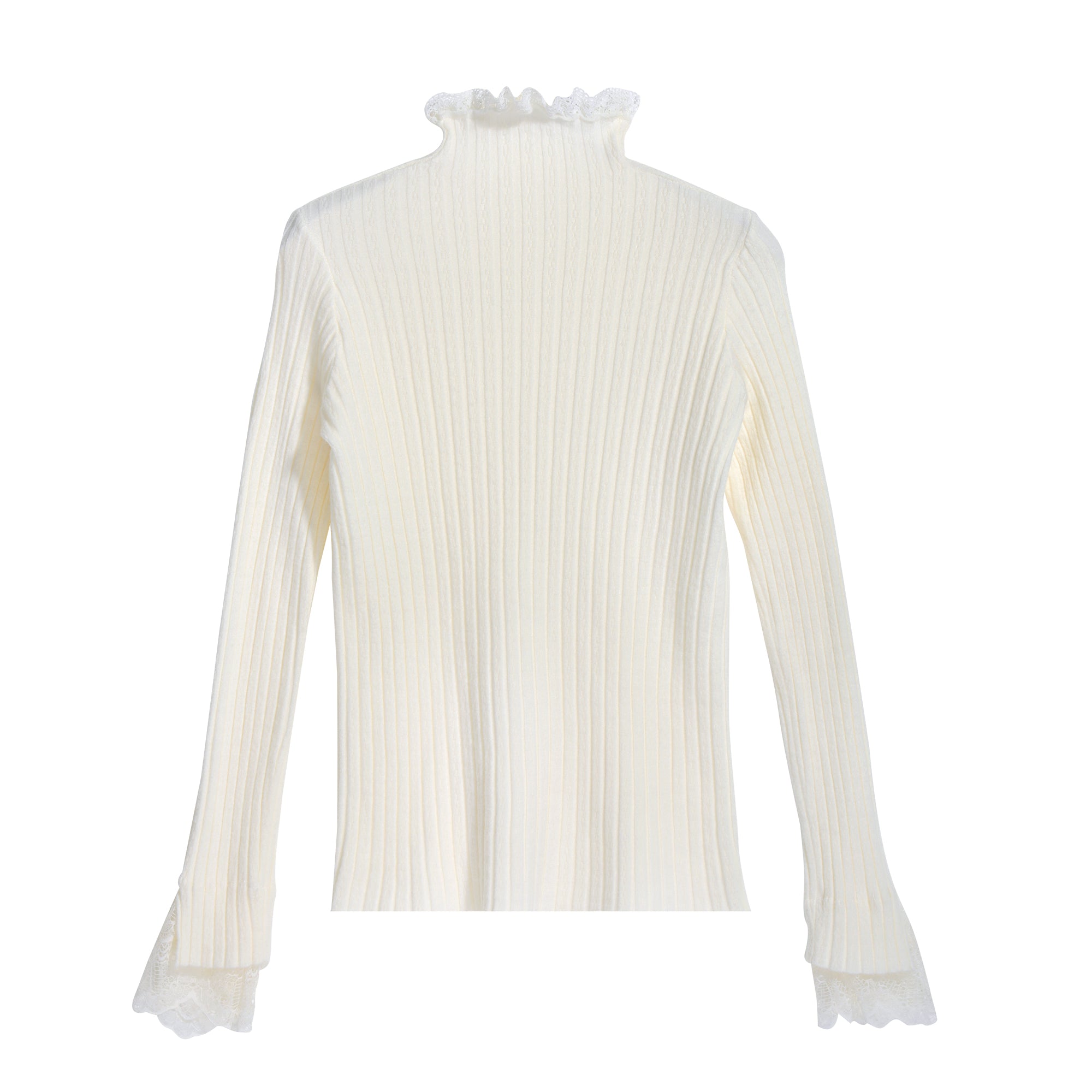 A white, long-sleeved sweater with a ruffled collar and lace trim on the sleeves.