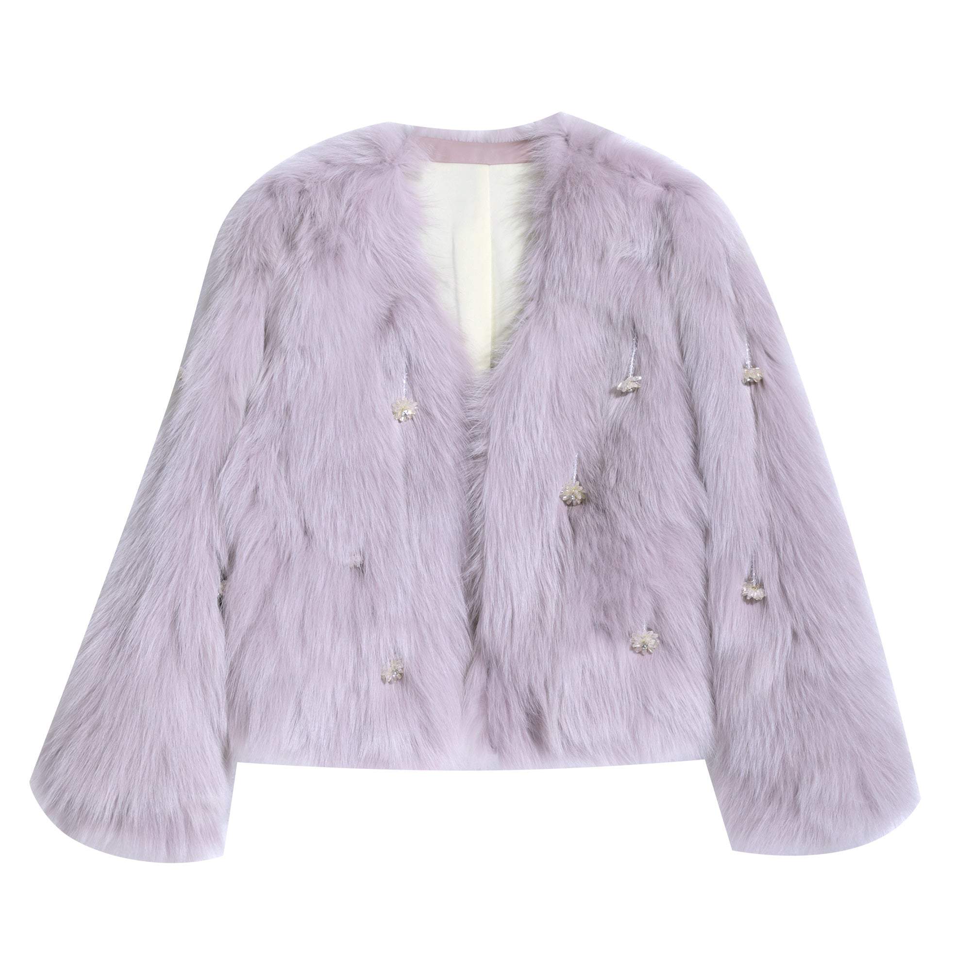 A long-sleeved purple fur coat with decorative buttons on the front.