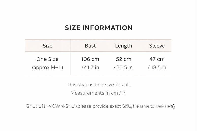 a table with size information, including bust, length, and sleeve measurements, along with a note that this style is one-size-fits-all.