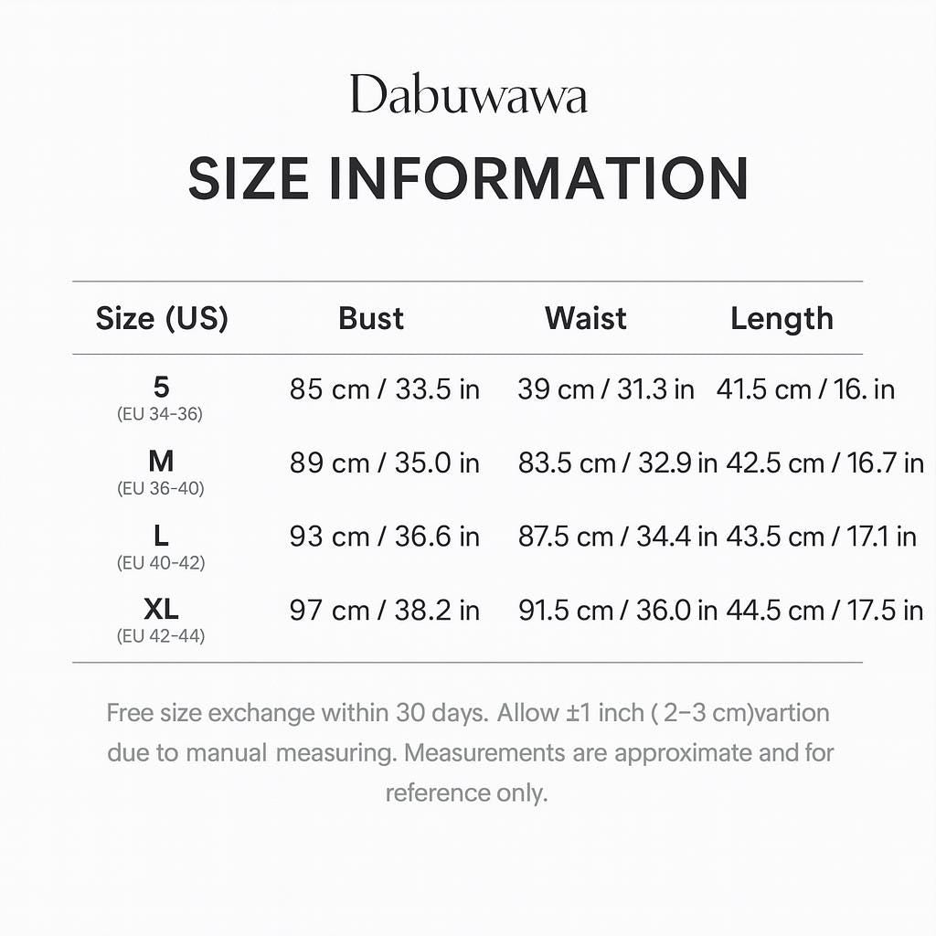 size information for various clothing items, including bust, waist, and length measurements in centimeters. The text provides a size exchange within 30 days, allowing for a 1-inch (2-3 cm) variation in size. The measurements are approximate and should be referred to for accurate sizing.