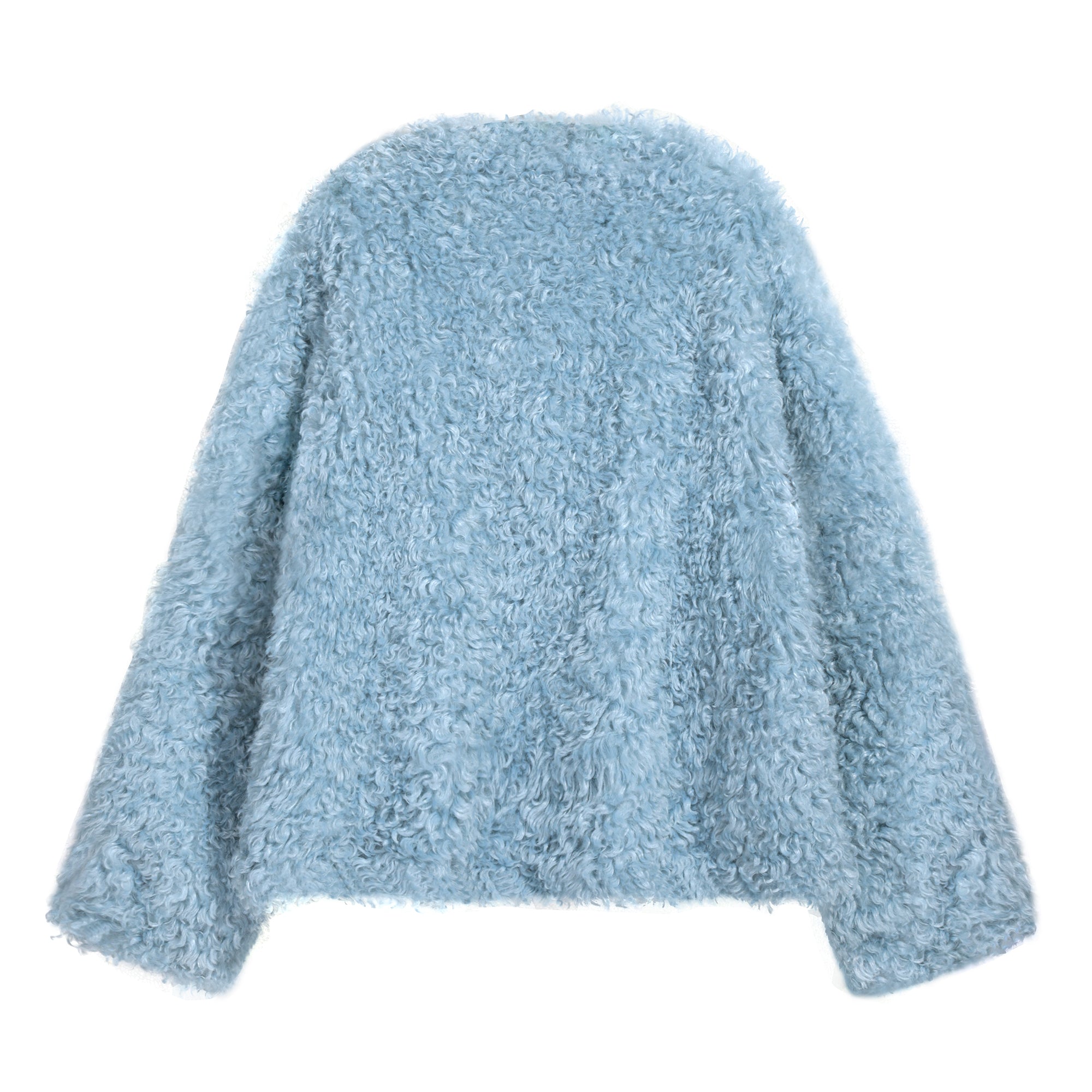 A light blue, fluffy, oversized sweater is shown against a white background.